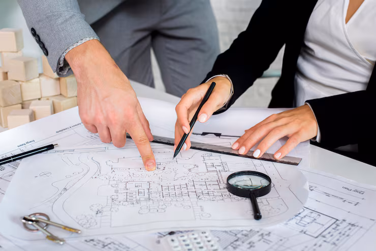 Architect reviewing property documents during consultation